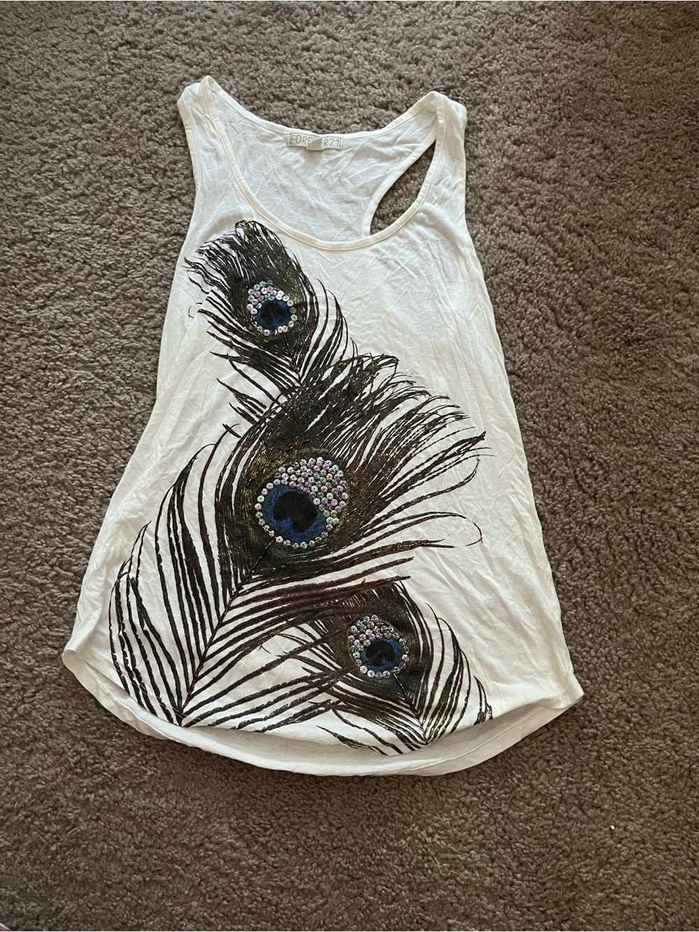Forever 21 White Peacock Feather Sequin Racerback Tank